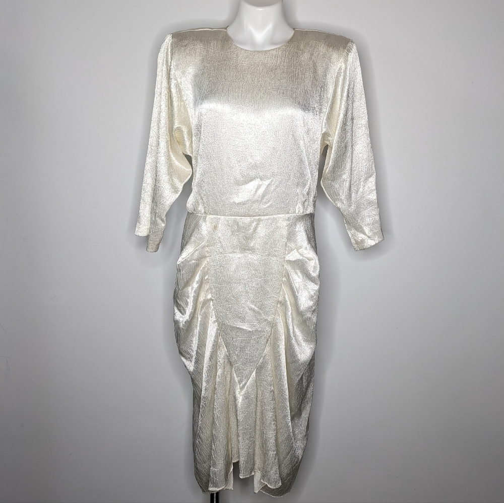 Vintage Laura Winston Off White Satin 3/4 Sleeve Dress L